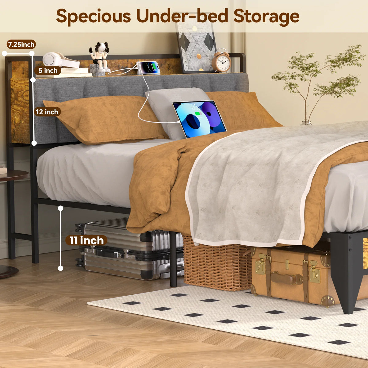 Full Size Platform Bed Frame with Headboard and Storage R4788