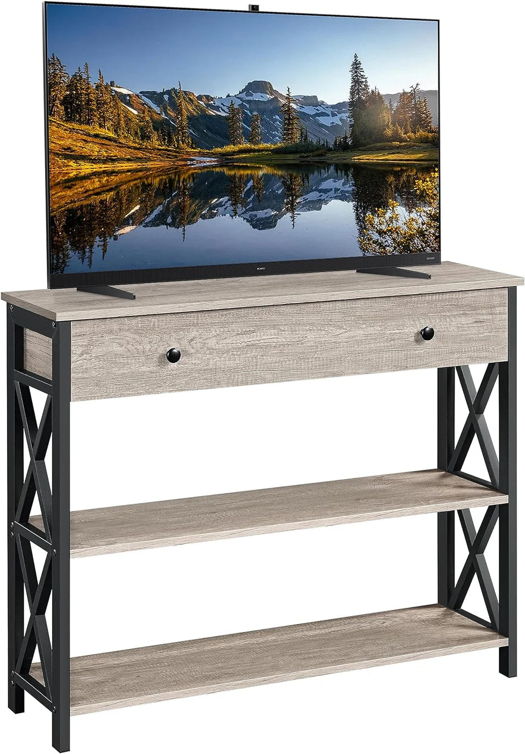 Grey TV Stand with Drawer and Open Storage Shelves O847363
