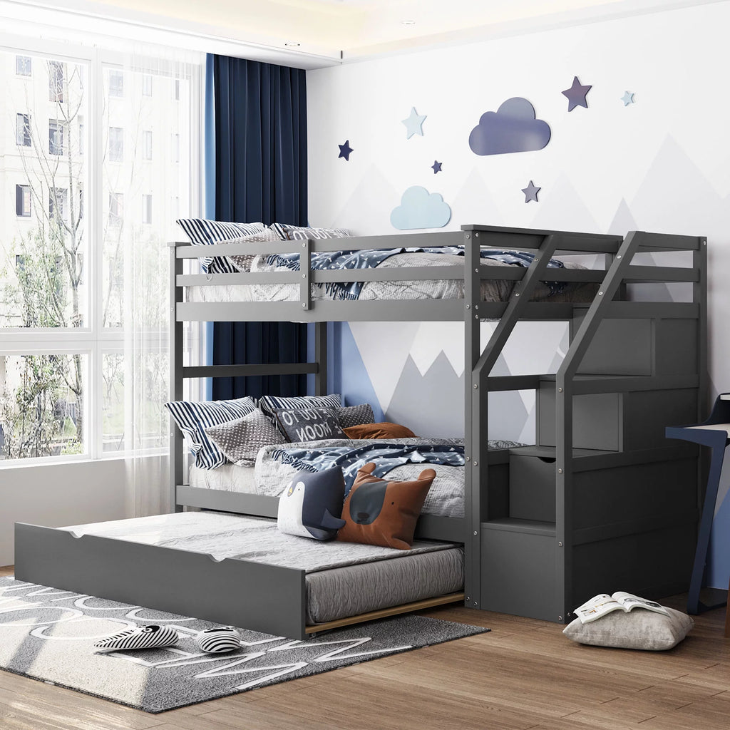 Twin-Over-Twin Bunk Bed with Trundle and 3 Storage Stairs Gray Y185610