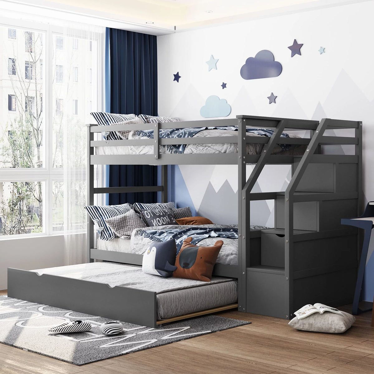 Twin-Over-Twin Bunk Bed with Trundle and 3 Storage Stairs Gray Y185610