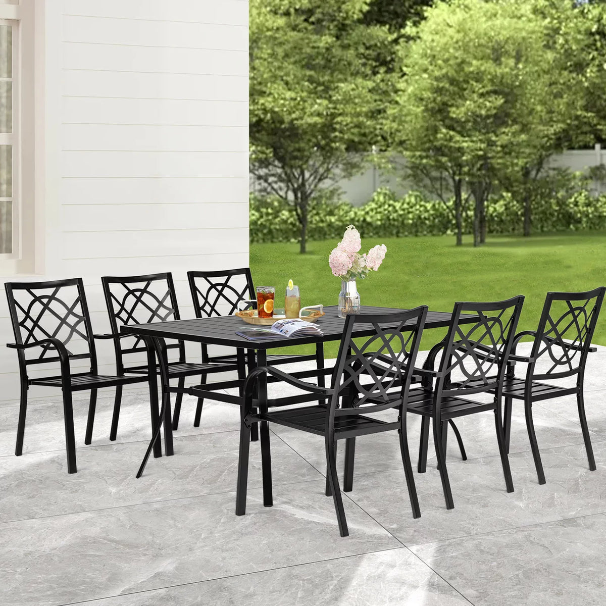 7-Piece Outdoor Patio Dining Set with Stackable Metal Chairs and Rectangular Table A24196