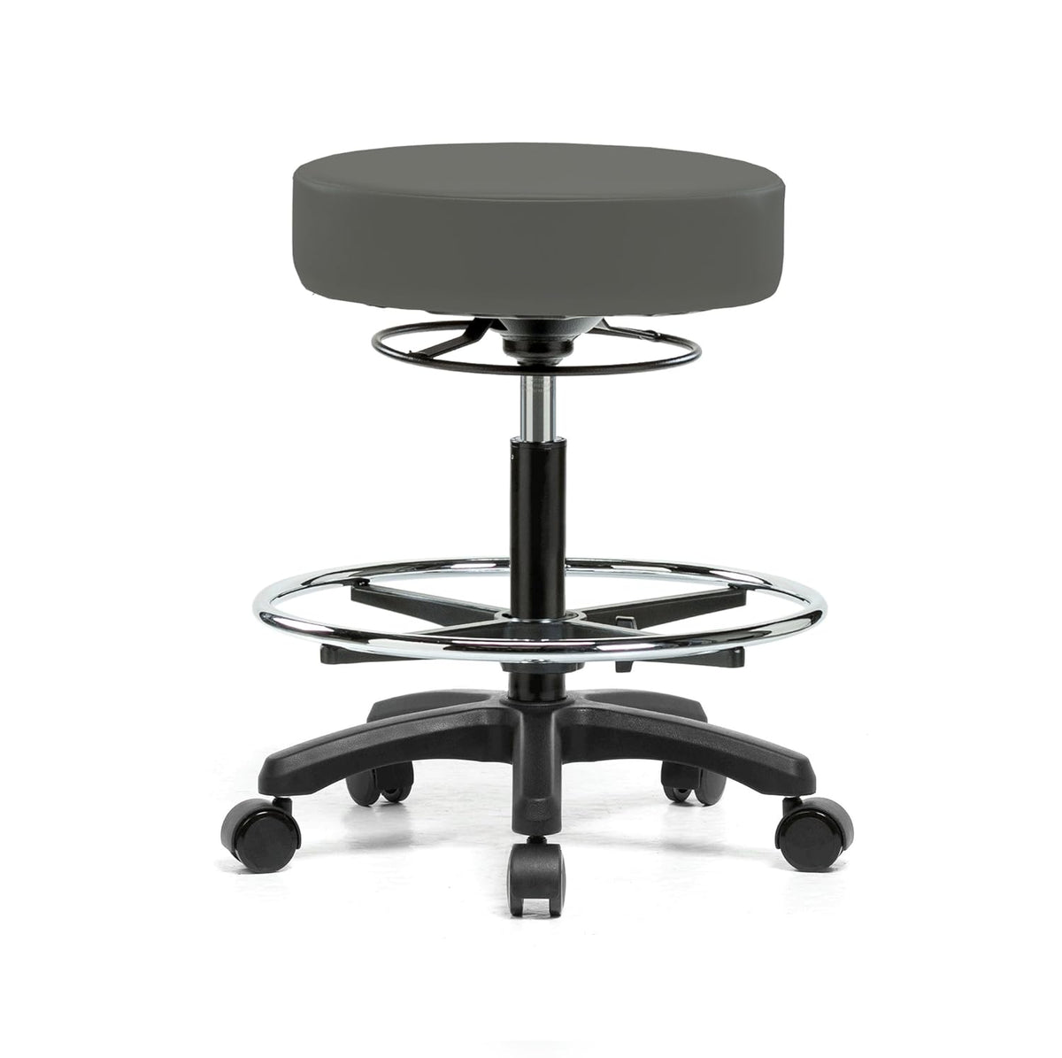 Rolling Height Adjustable Stool with Footring, Black Vinyl B2602