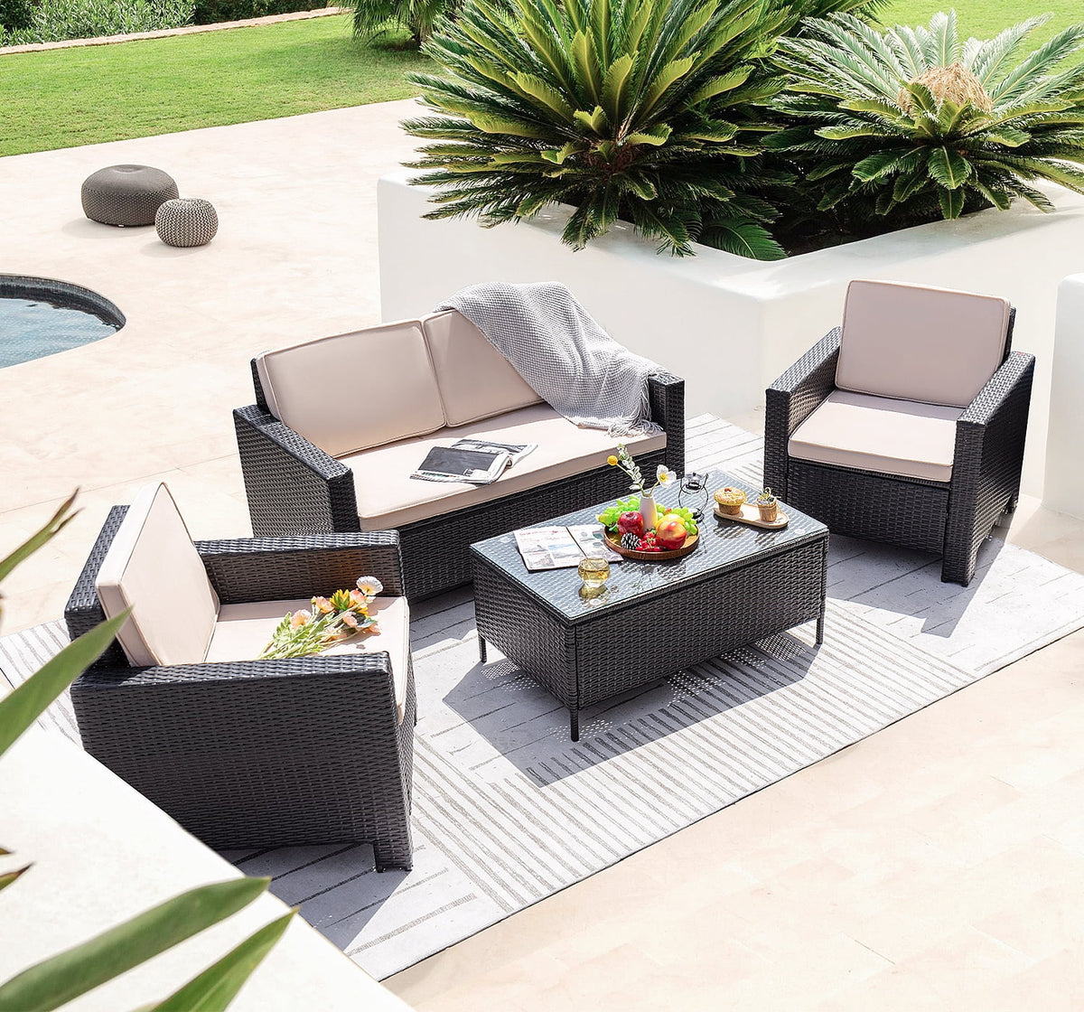 4 Pieces Rattan Wicker Patio Conversation Sofa Set L66752