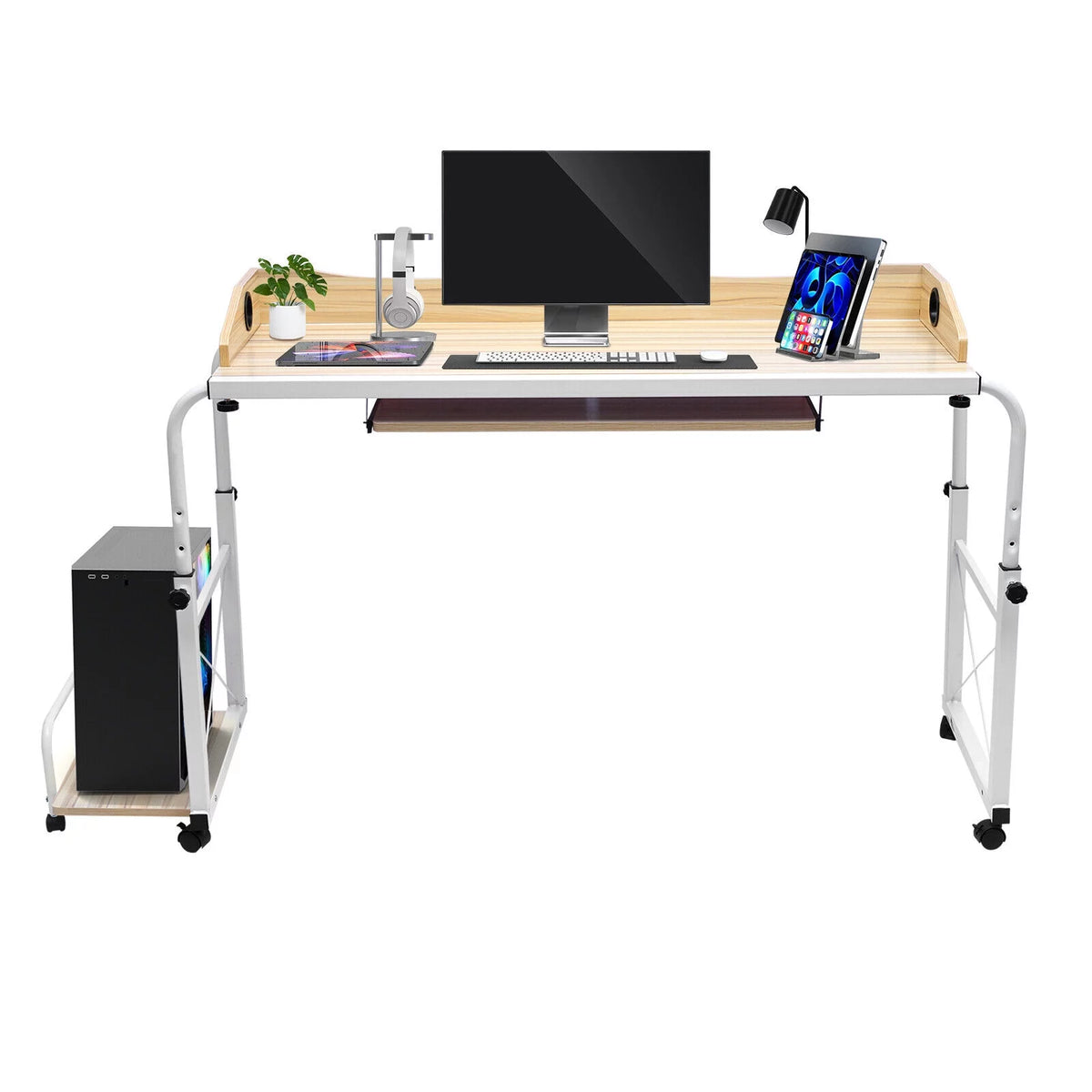 Wood Height Adjustable Mobile Computer Desk with Wheels M876421
