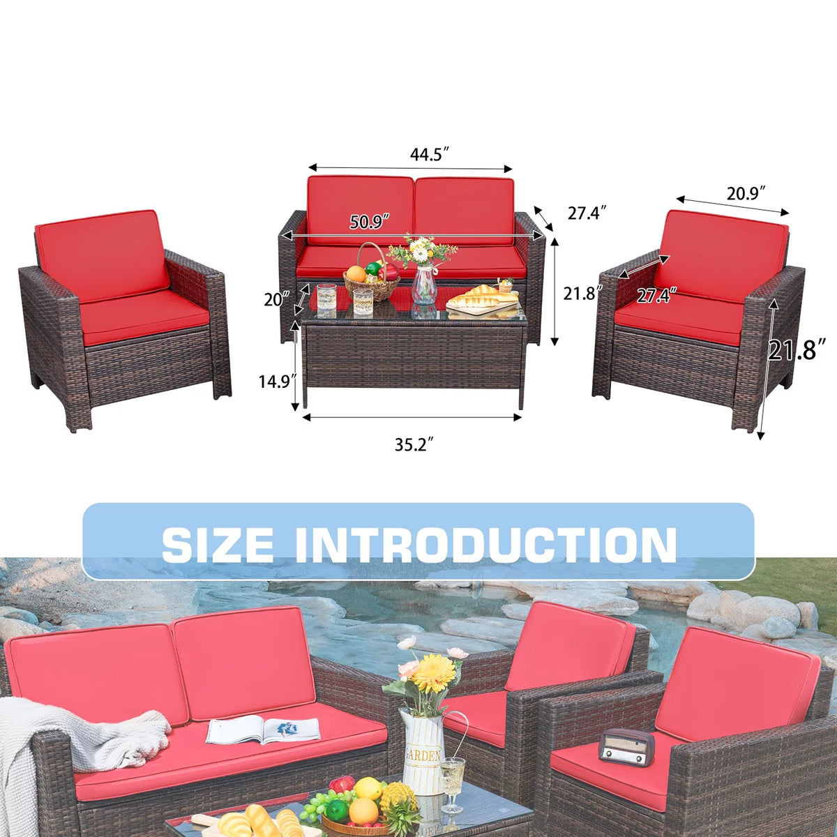 4 Pieces Rattan Wicker Patio Conversation Sofa Set L66752