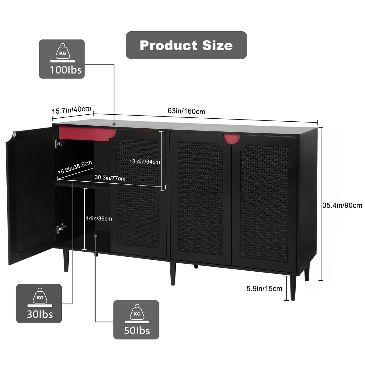 Black Rattan Storage Cabinet with 4 Doors G34717