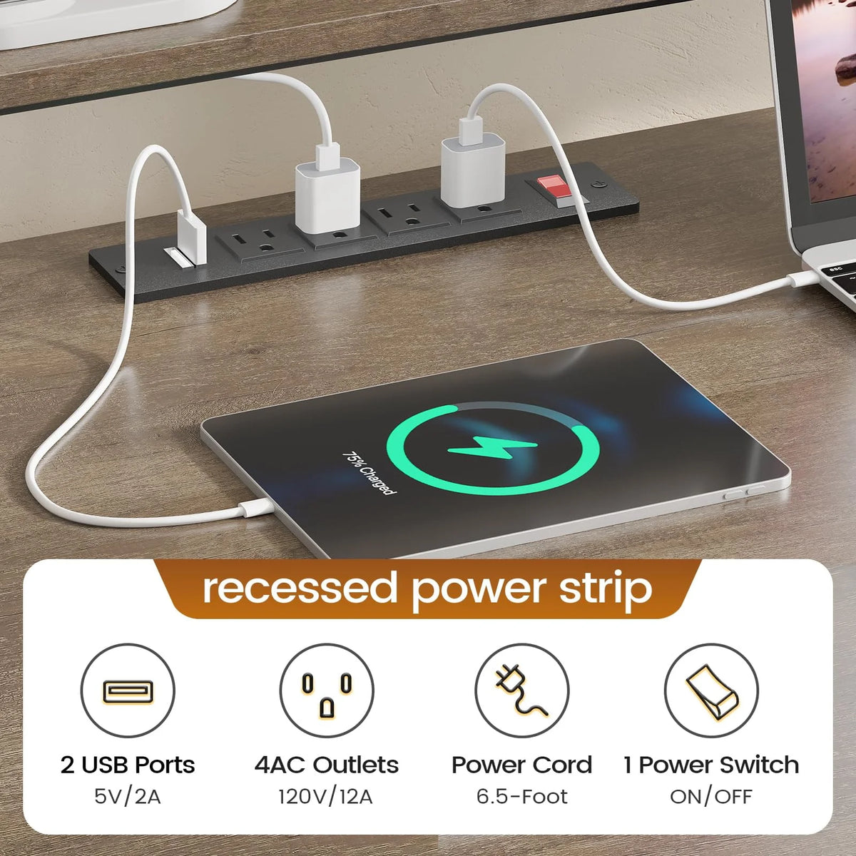 L Shaped Desk with Power Outlet and LED Lights J912