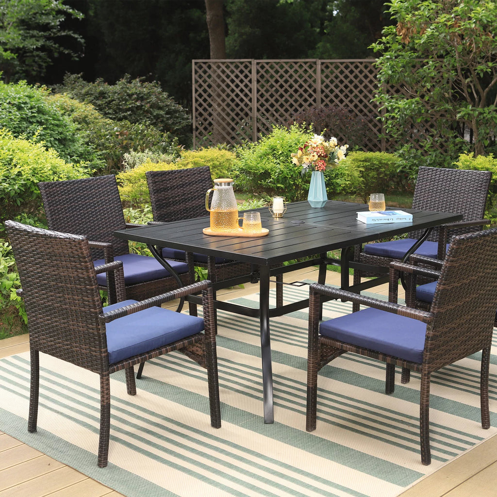 7-Piece Outdoor Patio Dining Set with Metal Table and 6 Rattan Cushioned Chairs N91595