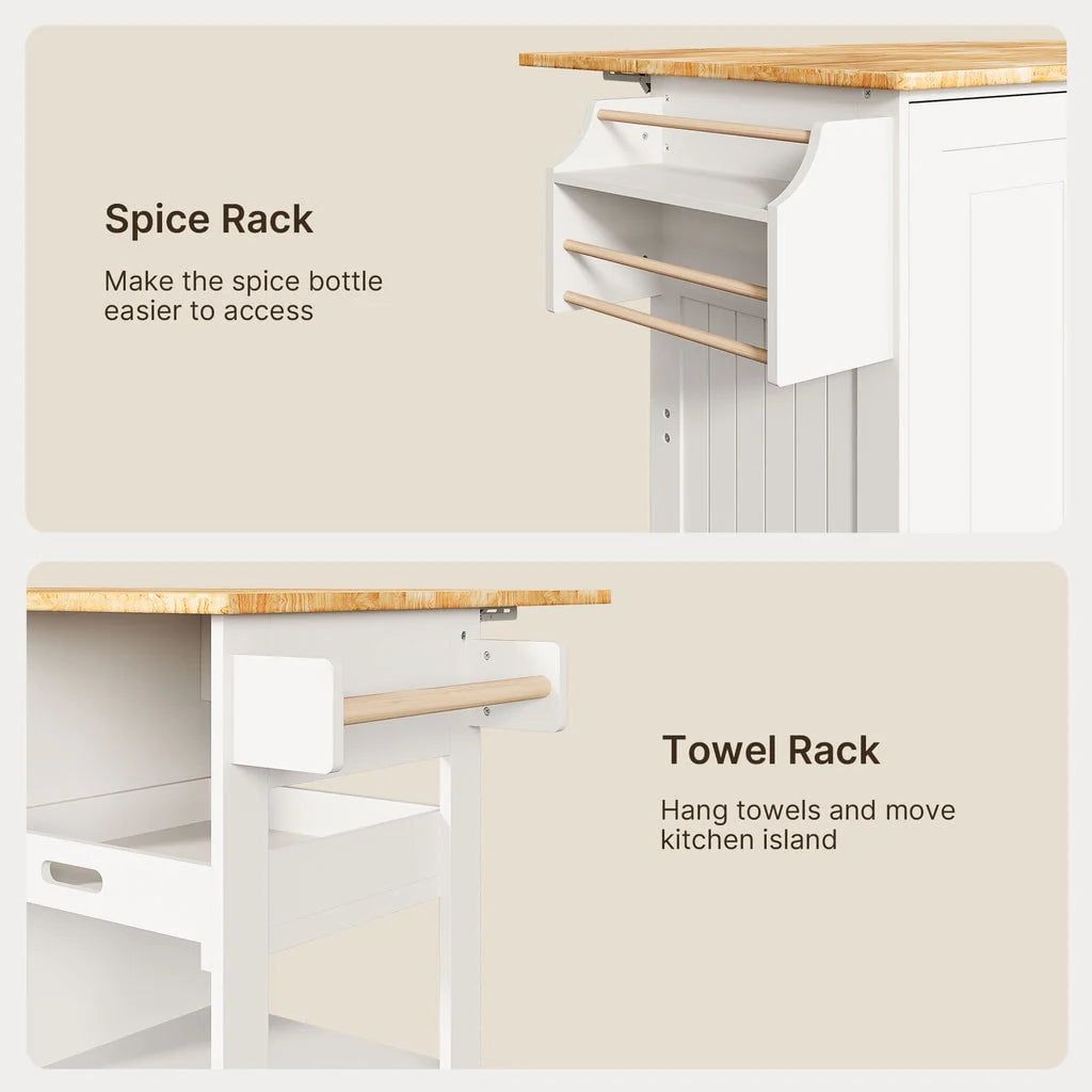36 H White Wooden Kitchen Island Cart on Wheels with Cabinet and Shelves W6528