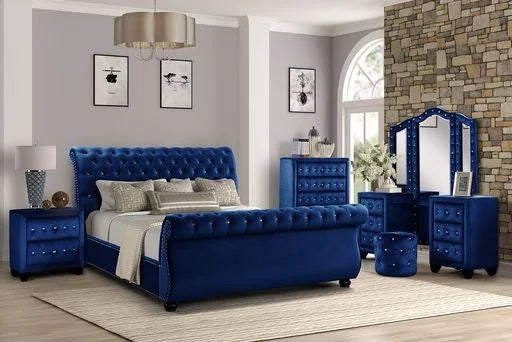 4 Pc Tufted Upholstery Wood Vanity Bedroom Set In Blue Z40682