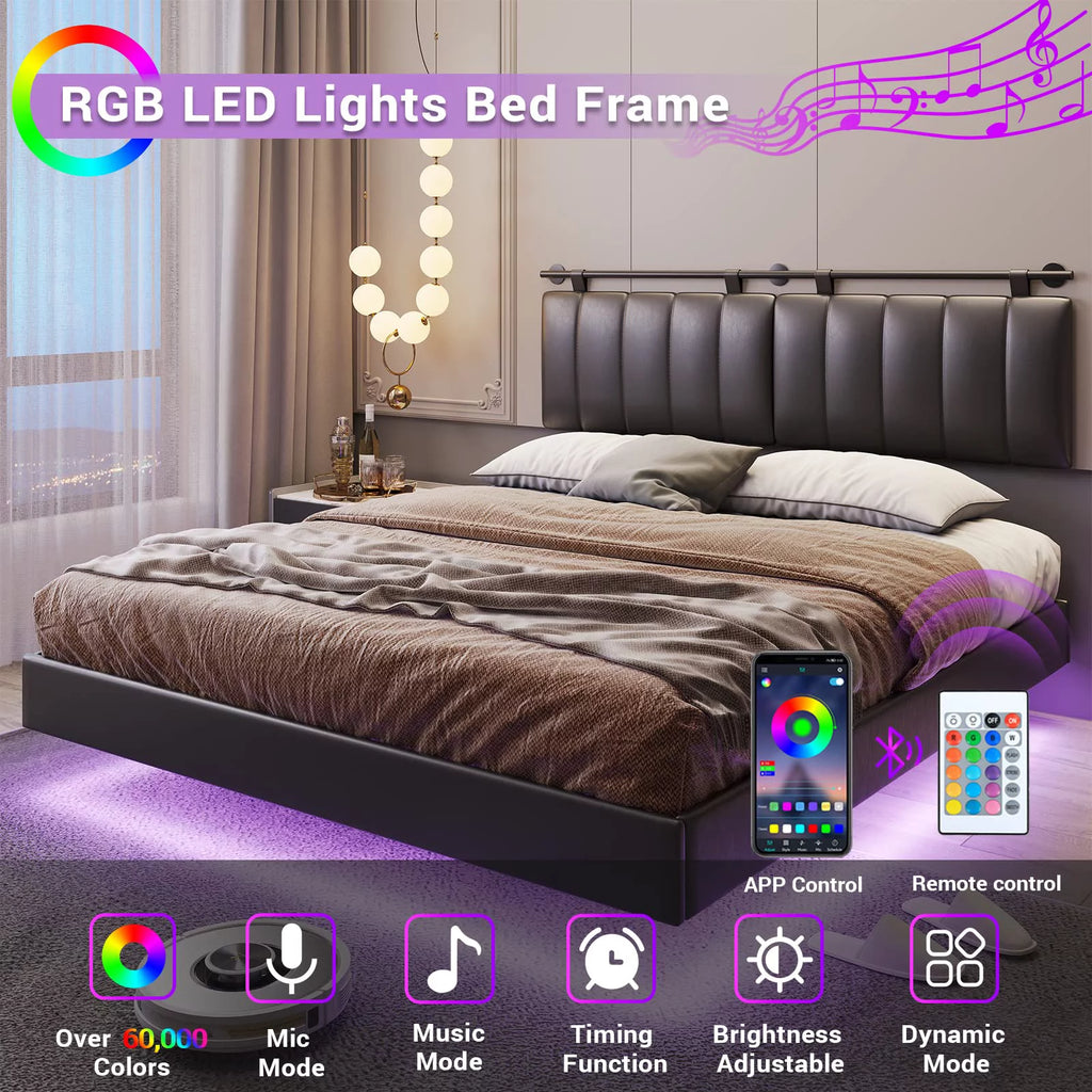 White LED Floating Queen Bed Frame with Upholstered Headboard G79490