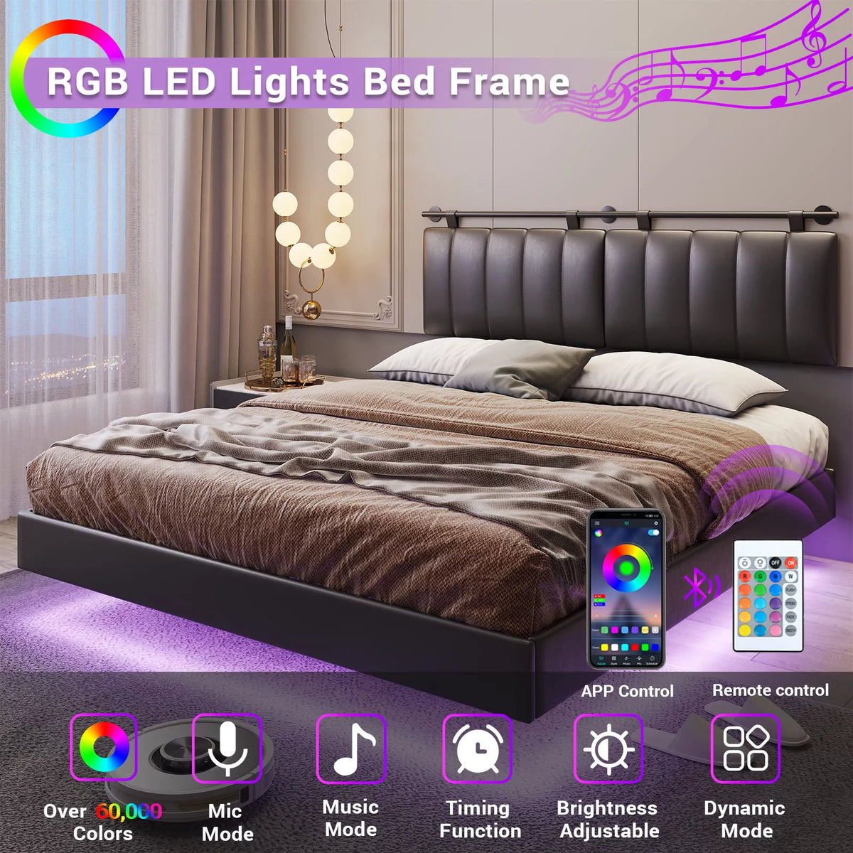 White LED Floating Queen Bed Frame with Upholstered Headboard G79490