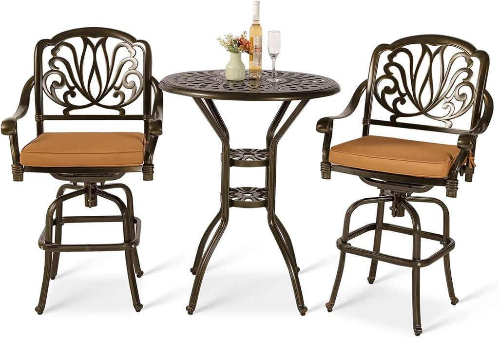 3-Piece Cast Aluminum Patio Swivel Bar Stools Set with Bar Table J8172