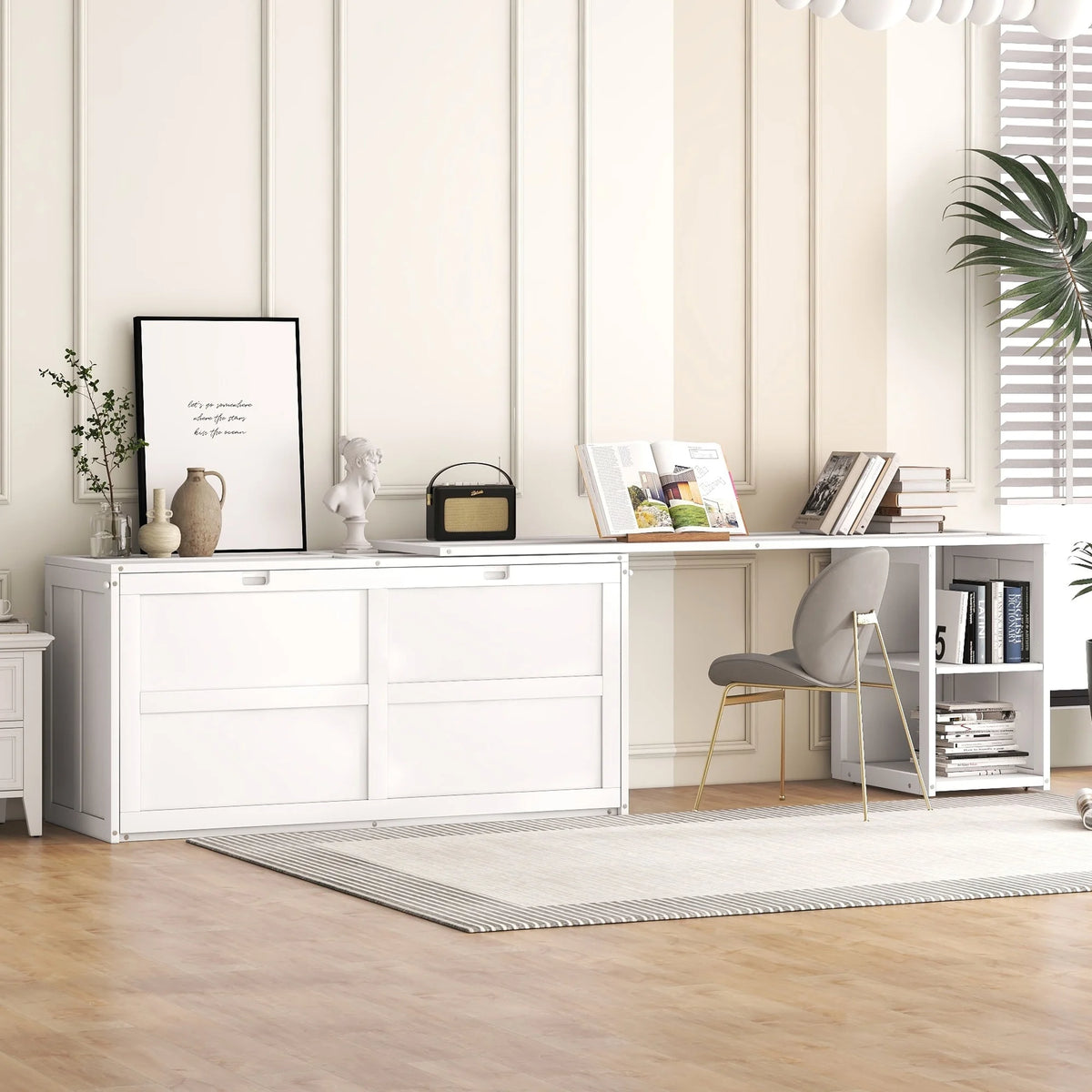 White Queen Size Murphy Bed with Rotable Desk and 2 Storage Shelves G791889