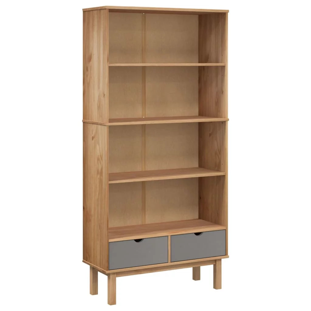 Brown and Gray Solid Wood Pine Bookcase with 2 Drawers X687