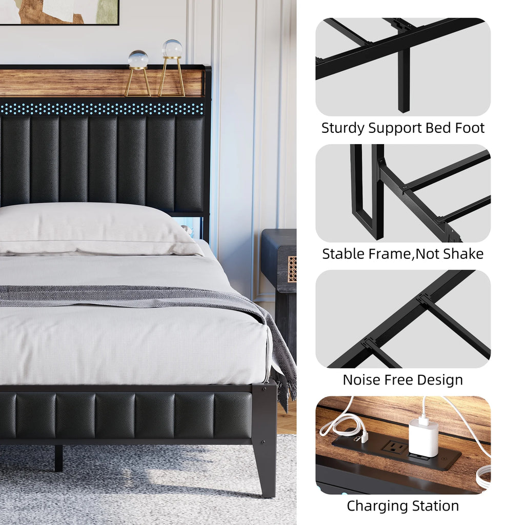 Black Upholstered Platform Bed Frame with Storage Headboard Y95830