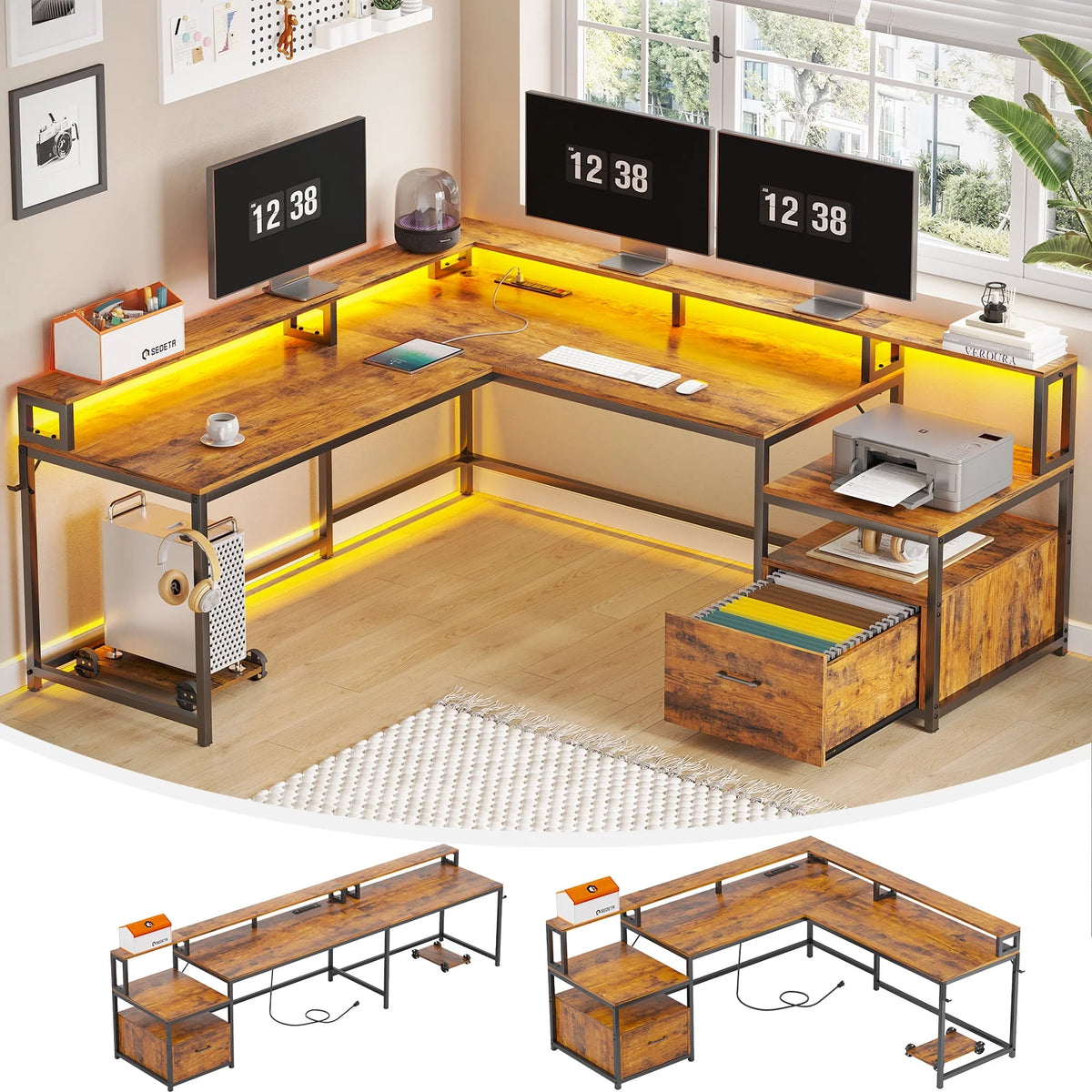 L Shaped Desk with Power Outlet and LED Lights J912