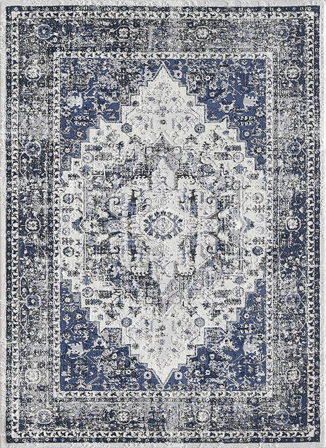 Gray Navy Blue Boho Rug Y858