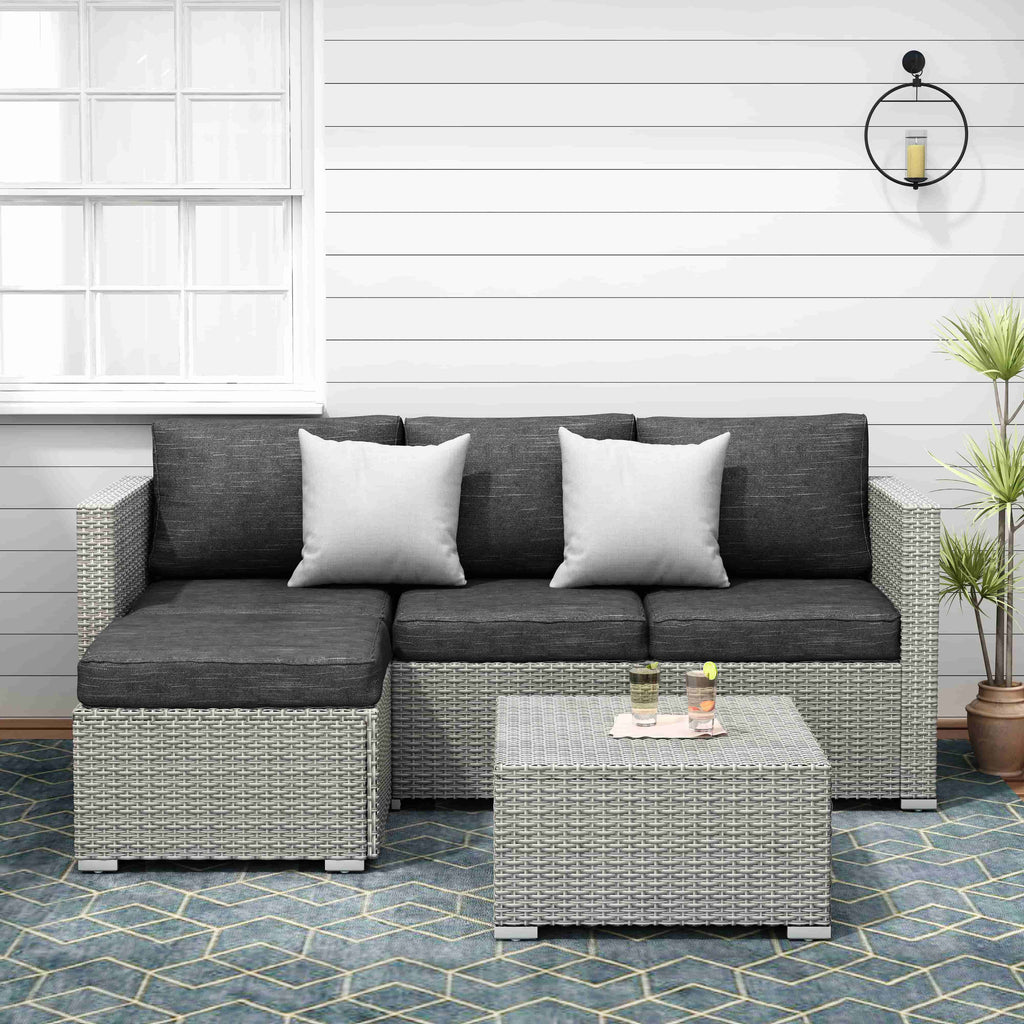 3 Pieces Beige Wicker Rattan Patio Sectional Set with Table O102610