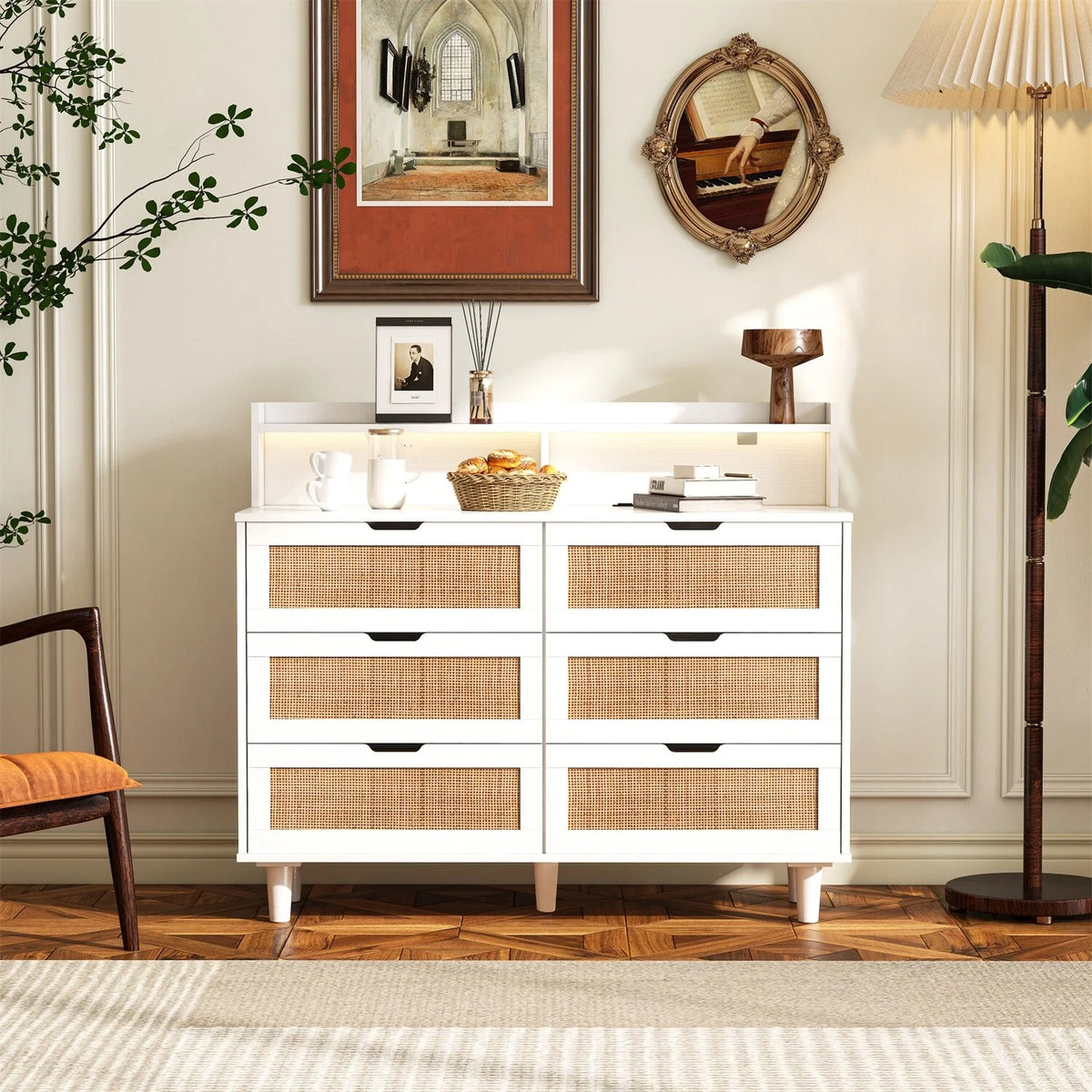 White 6 Drawer Rattan Dresser with LED Lights and Power Outlet R41958