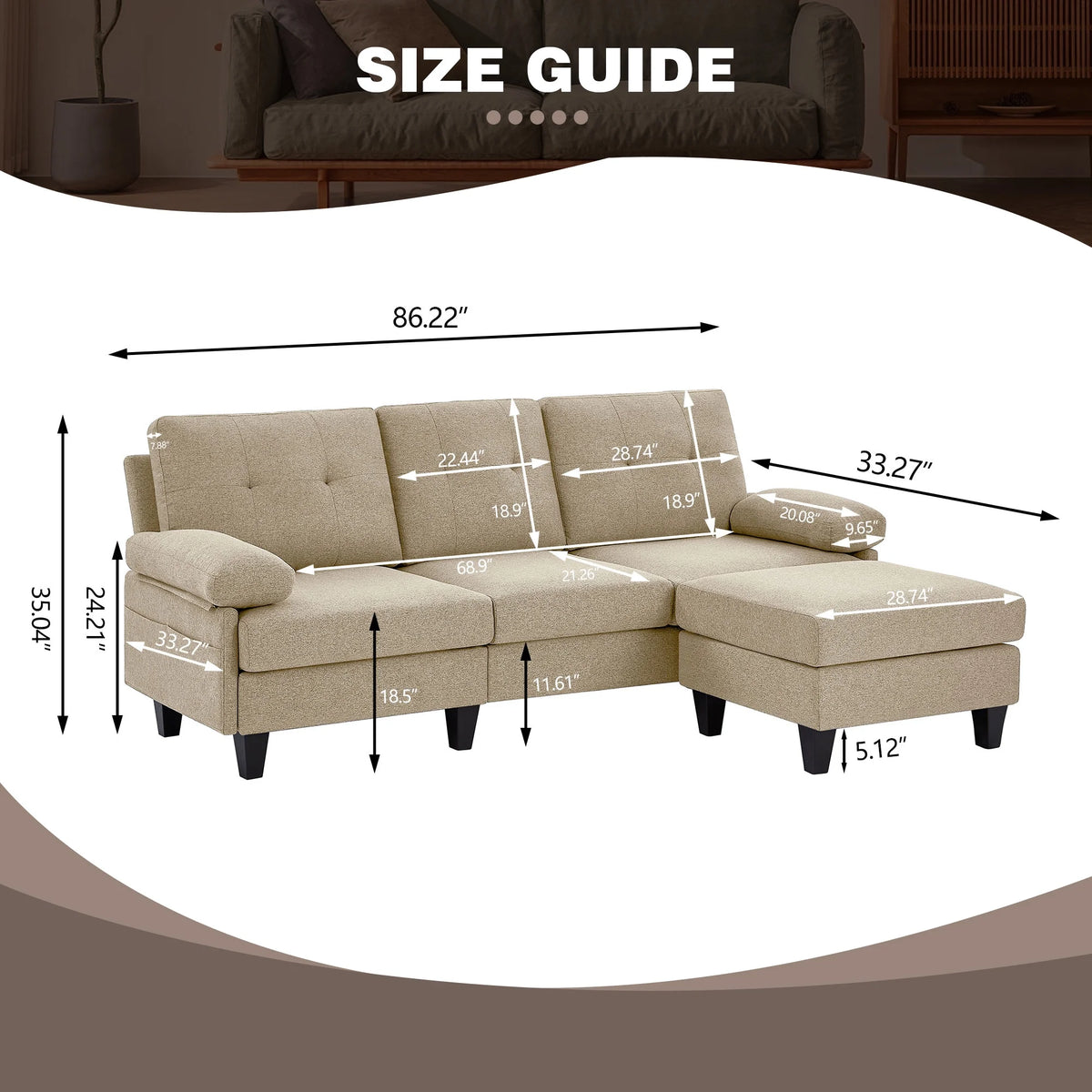 Modern Fabric L-Shaped Sectional Sofa with Chaise T845597