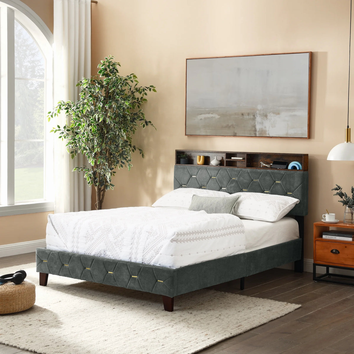 Upholstered Bed 140 x 200 cm with USB and Storage Headboard M89756