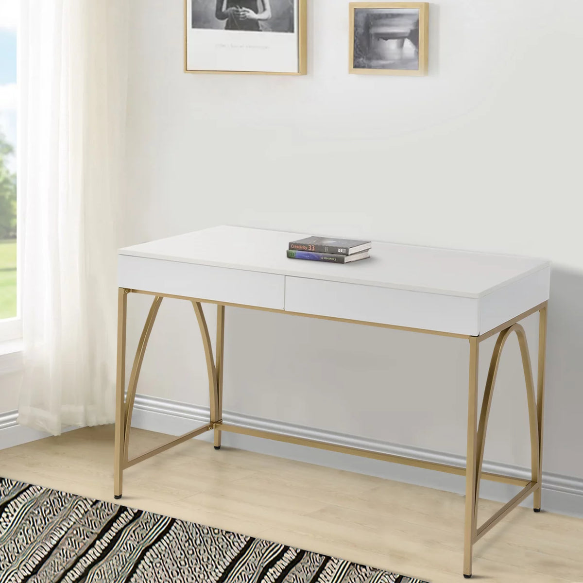 Rectangular Wooden Frame Desk with 2 Drawers and Metal Legs R711