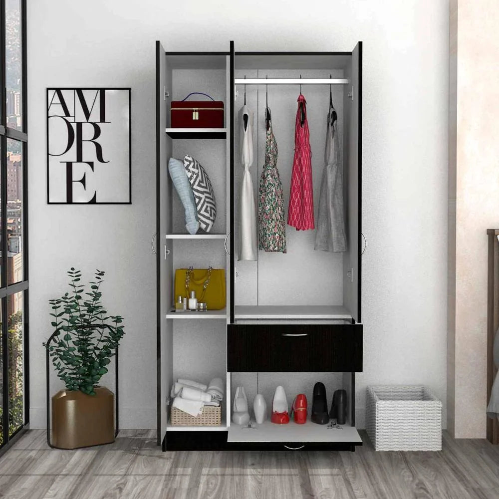 Modern Wood Armoire with Two Cabinets in Black/White Z287279