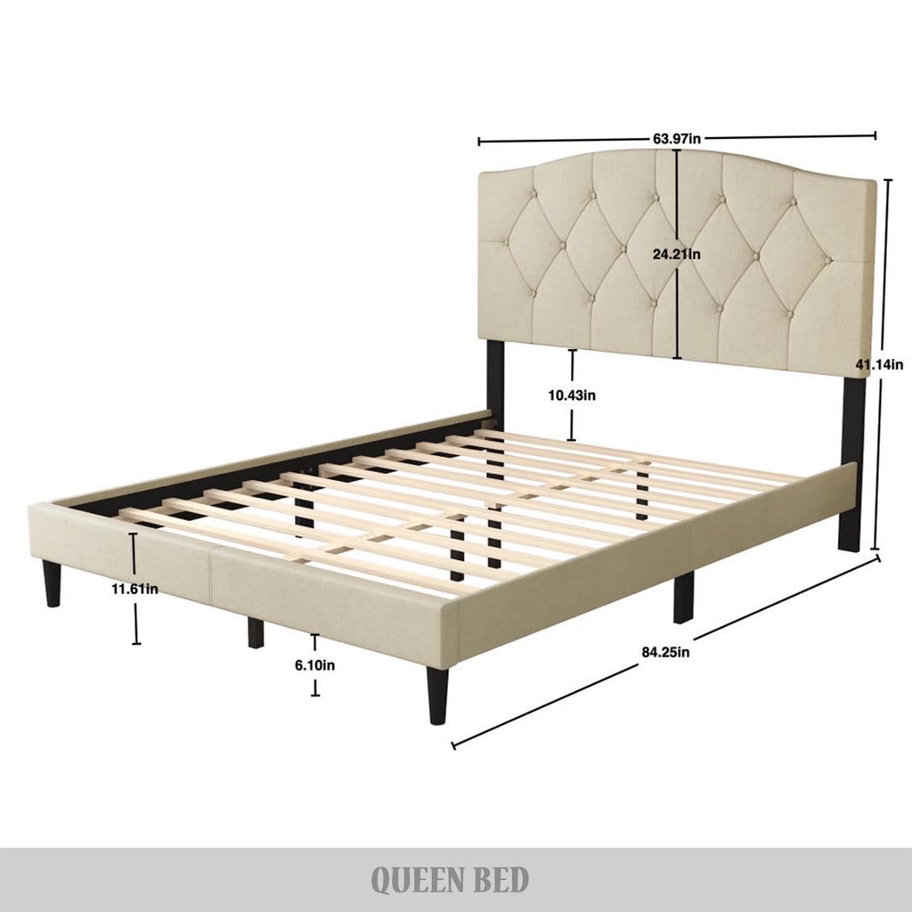 Beige Linen Upholstered Full Platform Bed I848