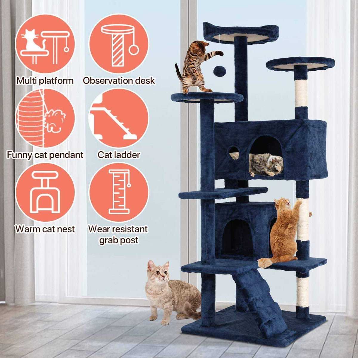54-in Double Condo Cat Tree Tower Playhouse with Scratching Post & Perch Q9036