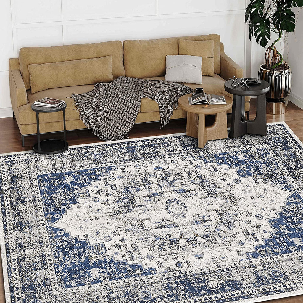 Gray Navy Blue Boho Rug Y858