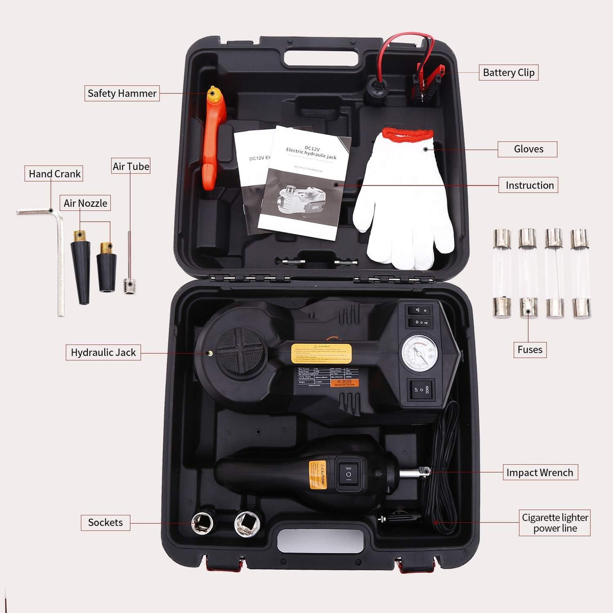 5 Ton 12V Electric Hydraulic Car Jack Kit with Impact Wrench and Tire Inflator Pump T286546