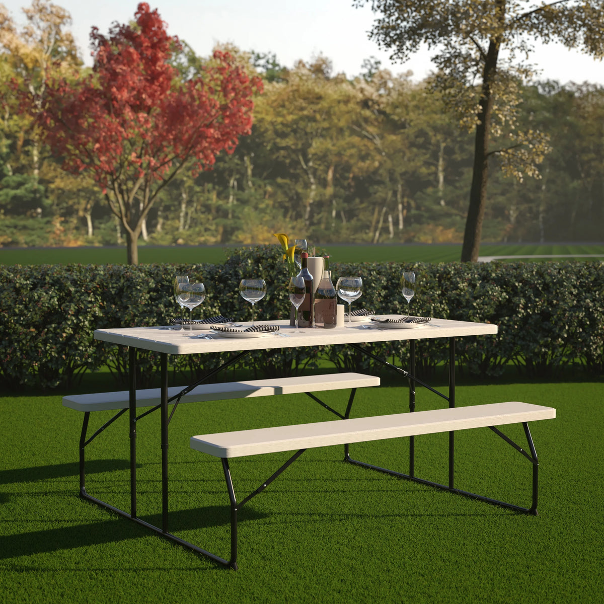 White Plastic Folding Picnic Table with Benches I3262