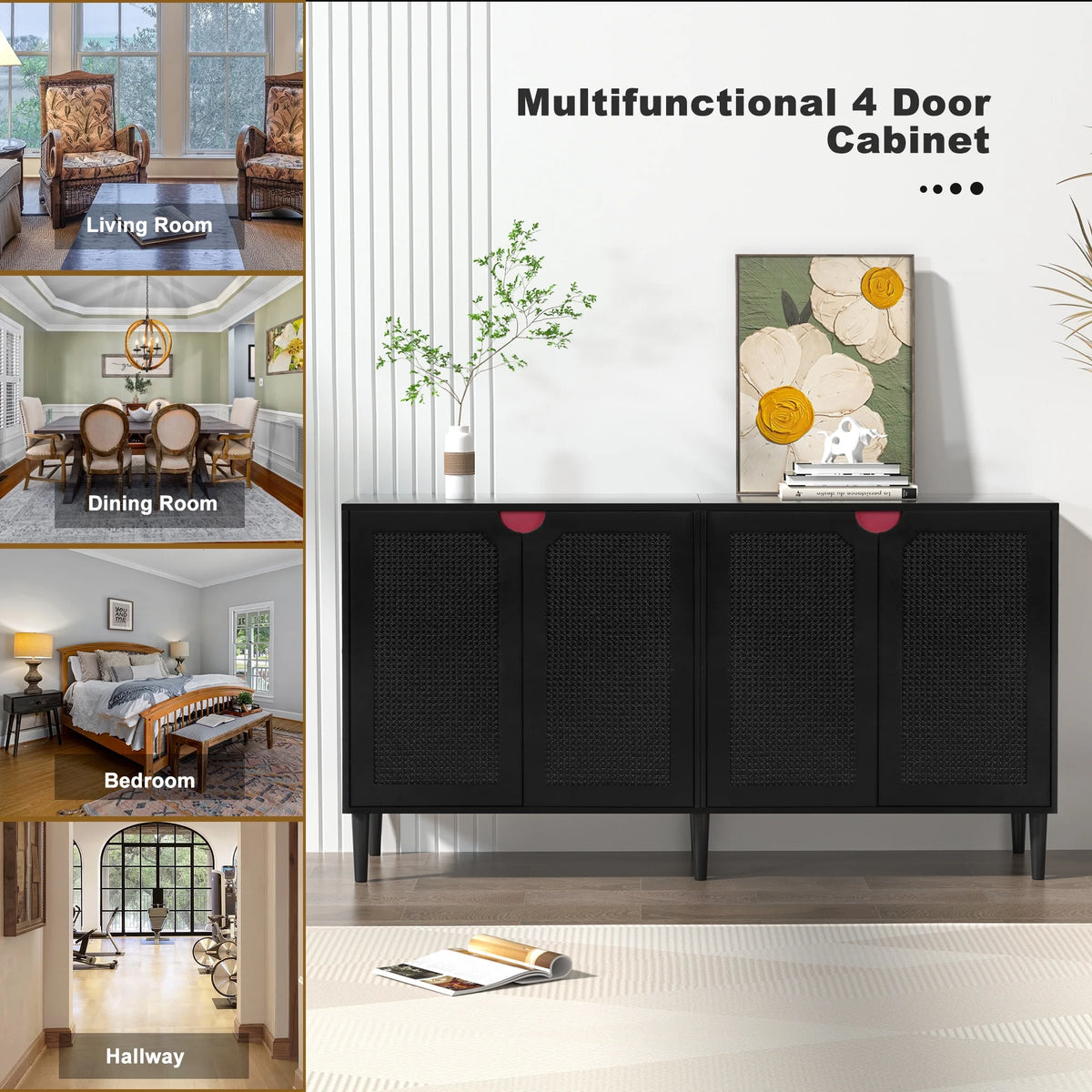 Black Rattan Storage Cabinet with 4 Doors G34717