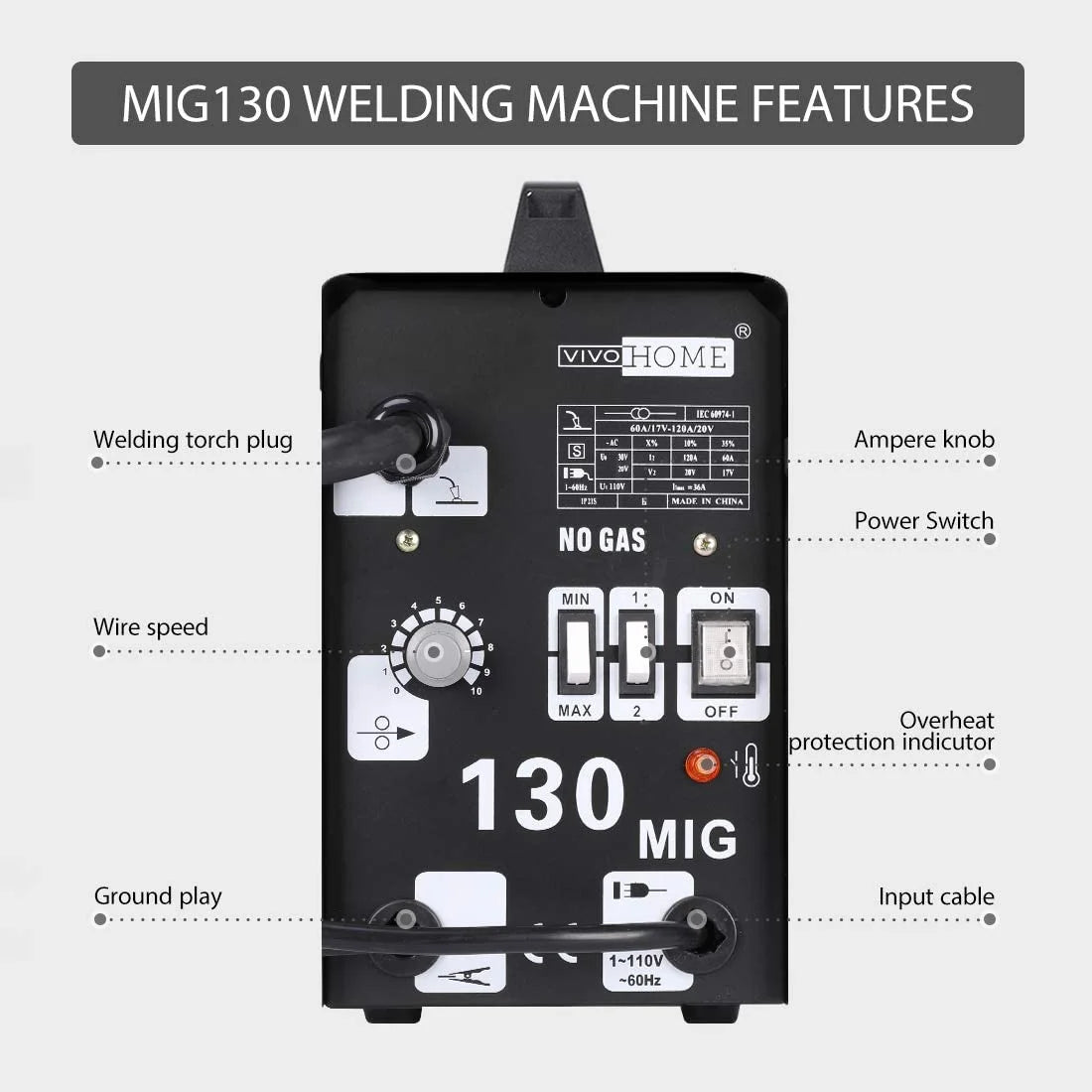 Portable No Gas MIG 130 Welder Machine 110V Black F246391