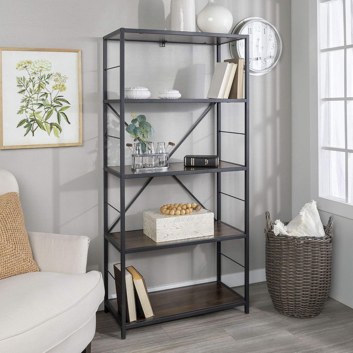 4 Tier Wood Metal Bookcase 60 Inch Dark Walnut L231675