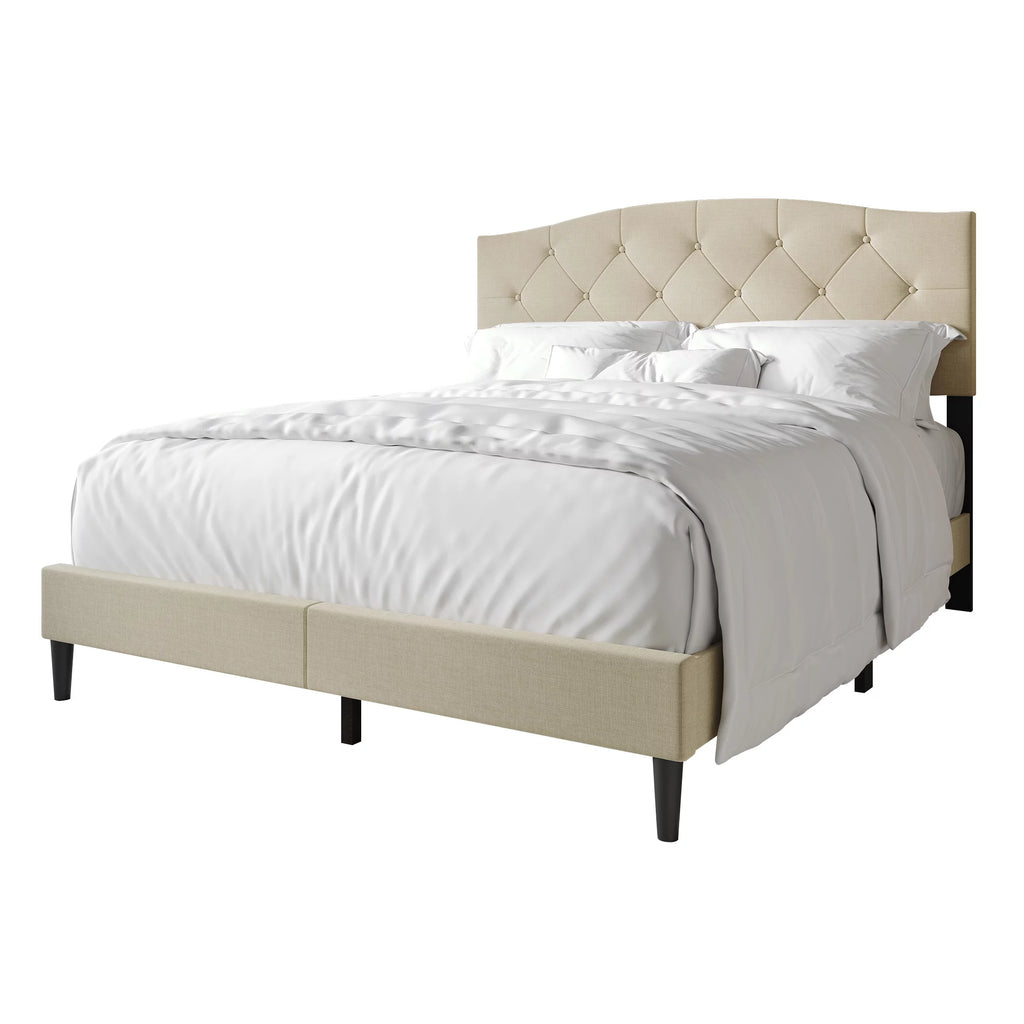 Beige Linen Upholstered Full Platform Bed I848