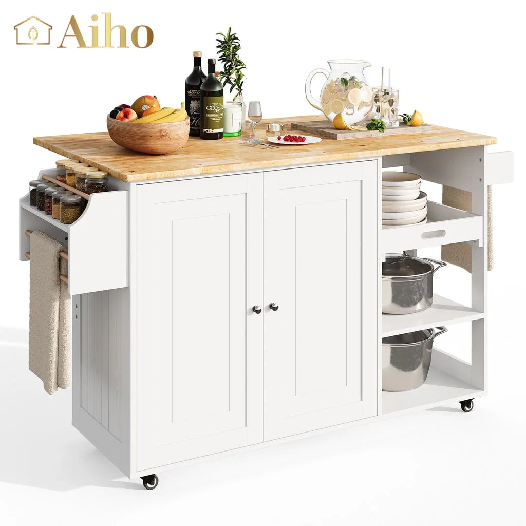 36 H White Wooden Kitchen Island Cart on Wheels with Cabinet and Shelves W6528