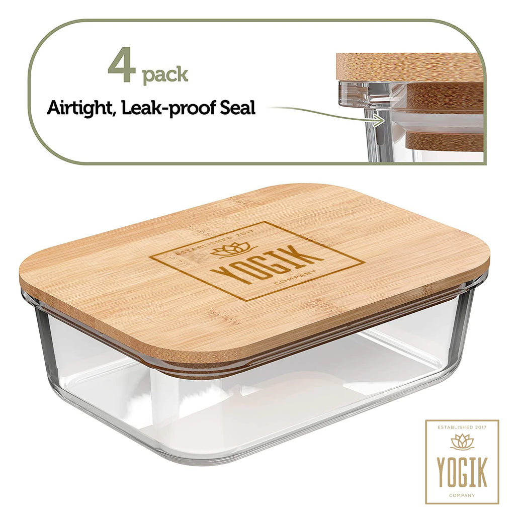 Set of 4 Rectangular Glass Food Storage Containers with Bamboo Lids S747667