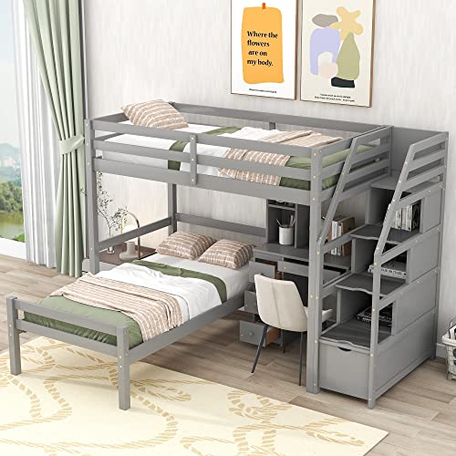 White Twin Over Twin Wood Bunk Bed with Trundle Q80630