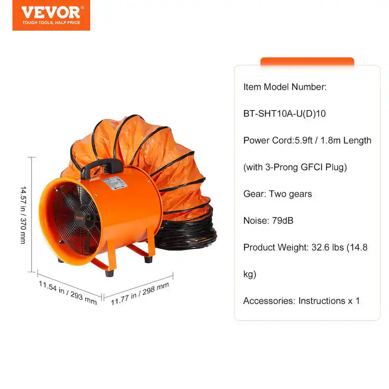 Orange 10 in. Heavy Duty Blower Fan with 33 ft. Duct Hose V760220