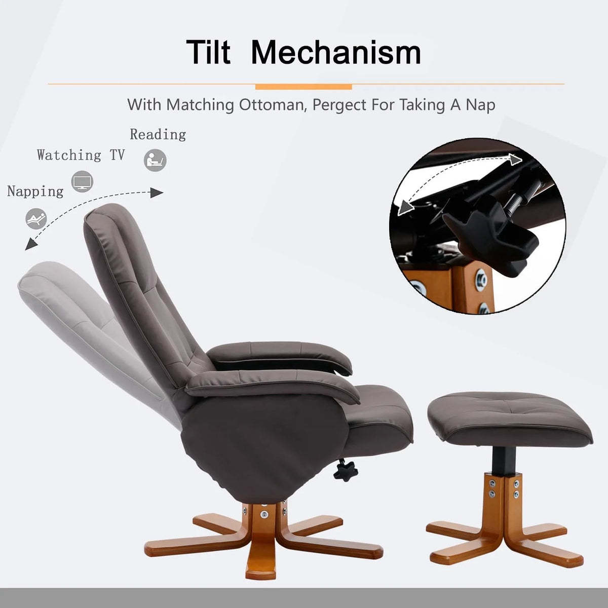 Grey Faux Leather Swivel Recliner with Ottoman K225
