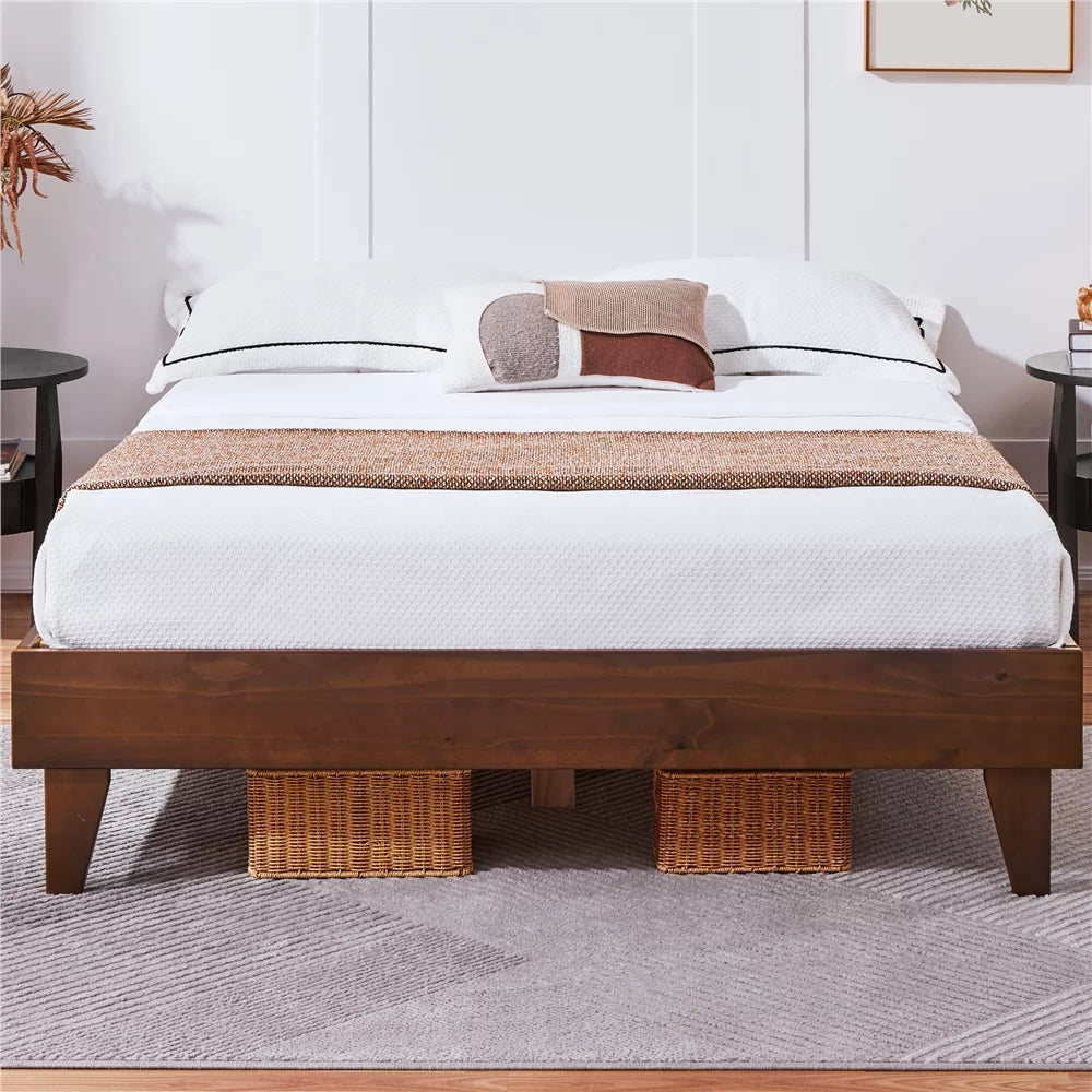 Queen Smoked Walnut Platform Bed Frame with Wood Slat Support B12894