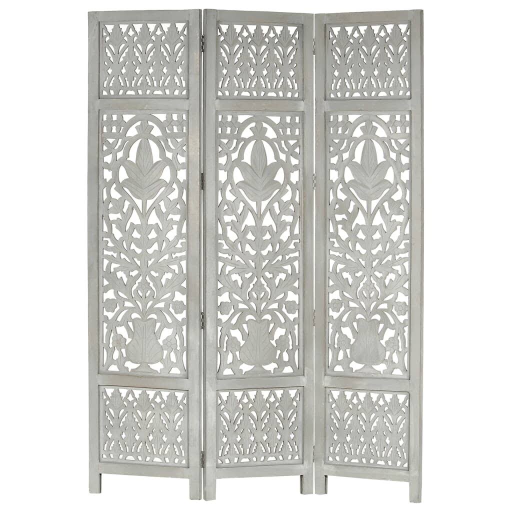 Hand Carved 3-Panel Gray Solid Mango Wood Room Divider O931578