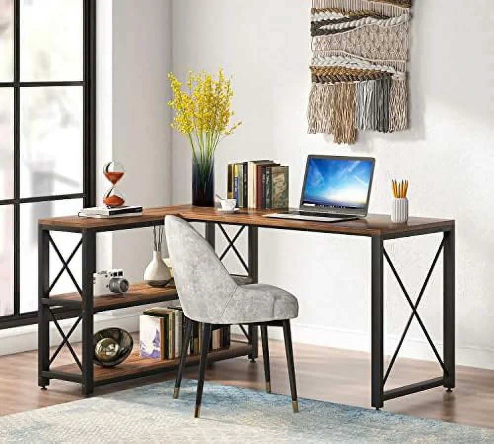 Brown 59" L-Shaped Corner Desk with Shelves M472684