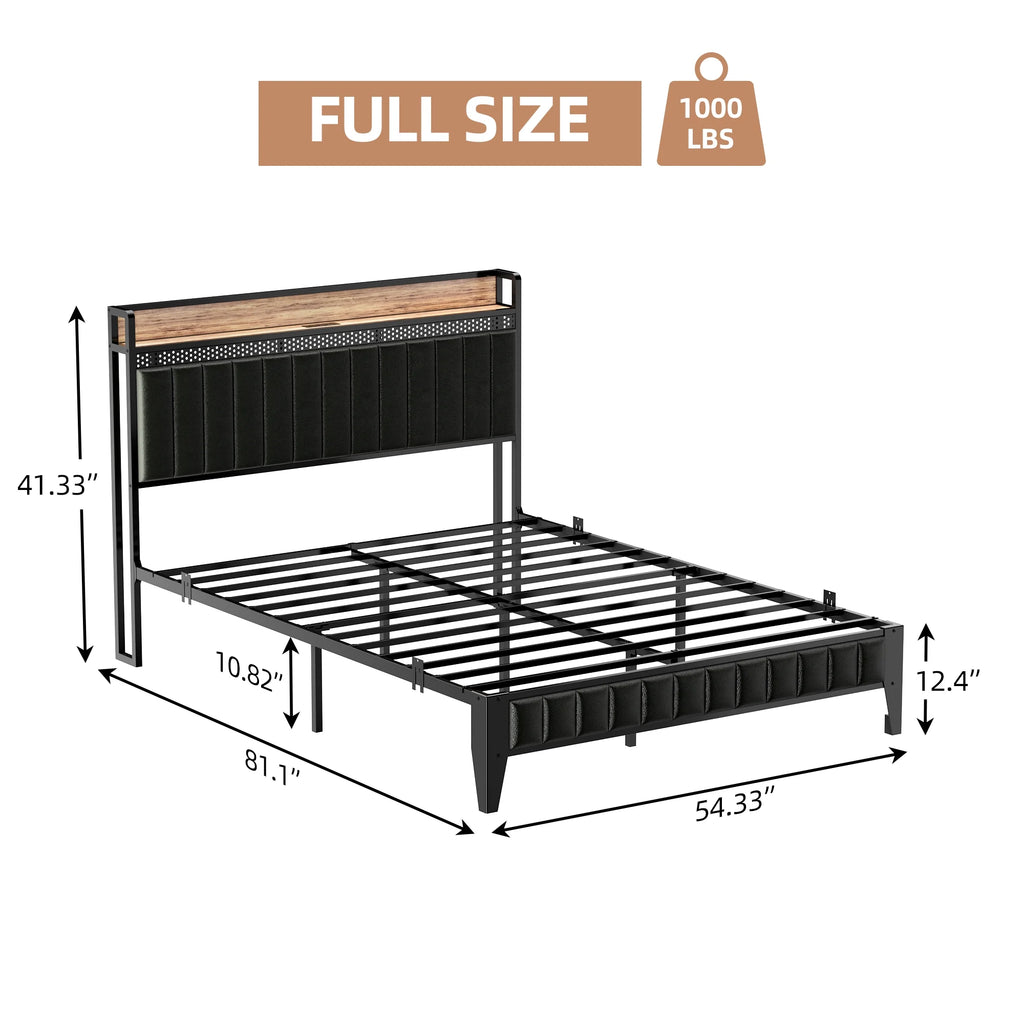 Black Upholstered Platform Bed Frame with Storage Headboard Y95830