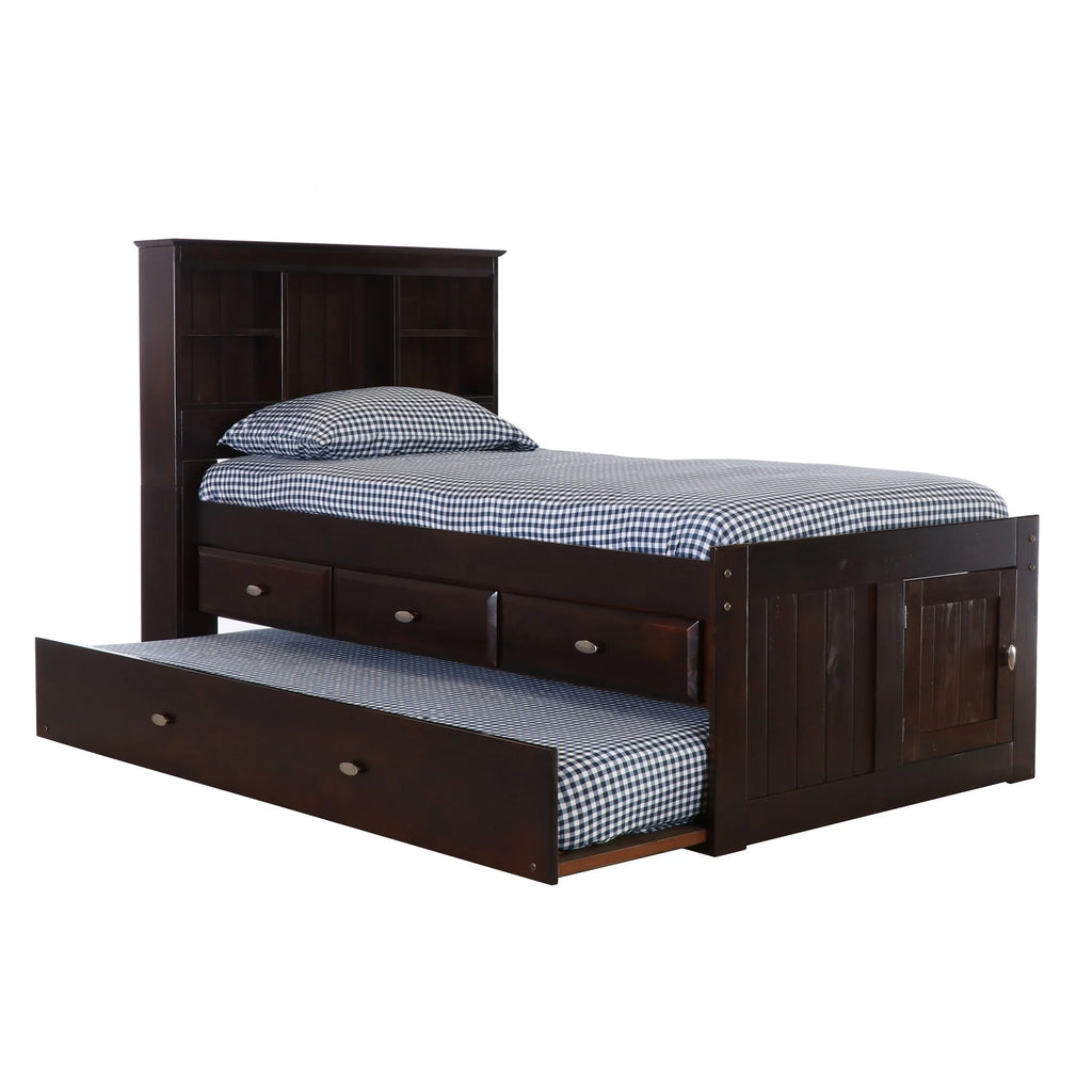 Twin Bookcase Bed with Three Drawers and Twin Trundle in Dark Espresso G780548