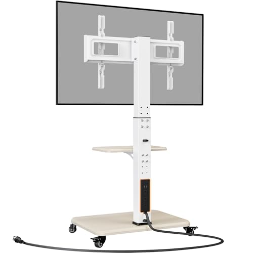 White Tilt & Swivel Rolling TV Stand with Power Outlet J446703