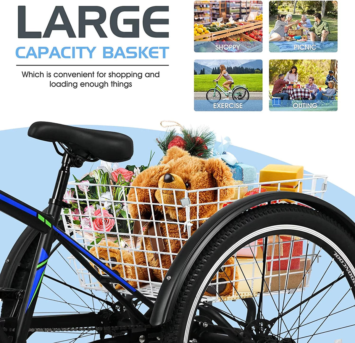 24/26/27.5 Inch 7 Speed Adult Mountain Tricycle with Large Basket A7762