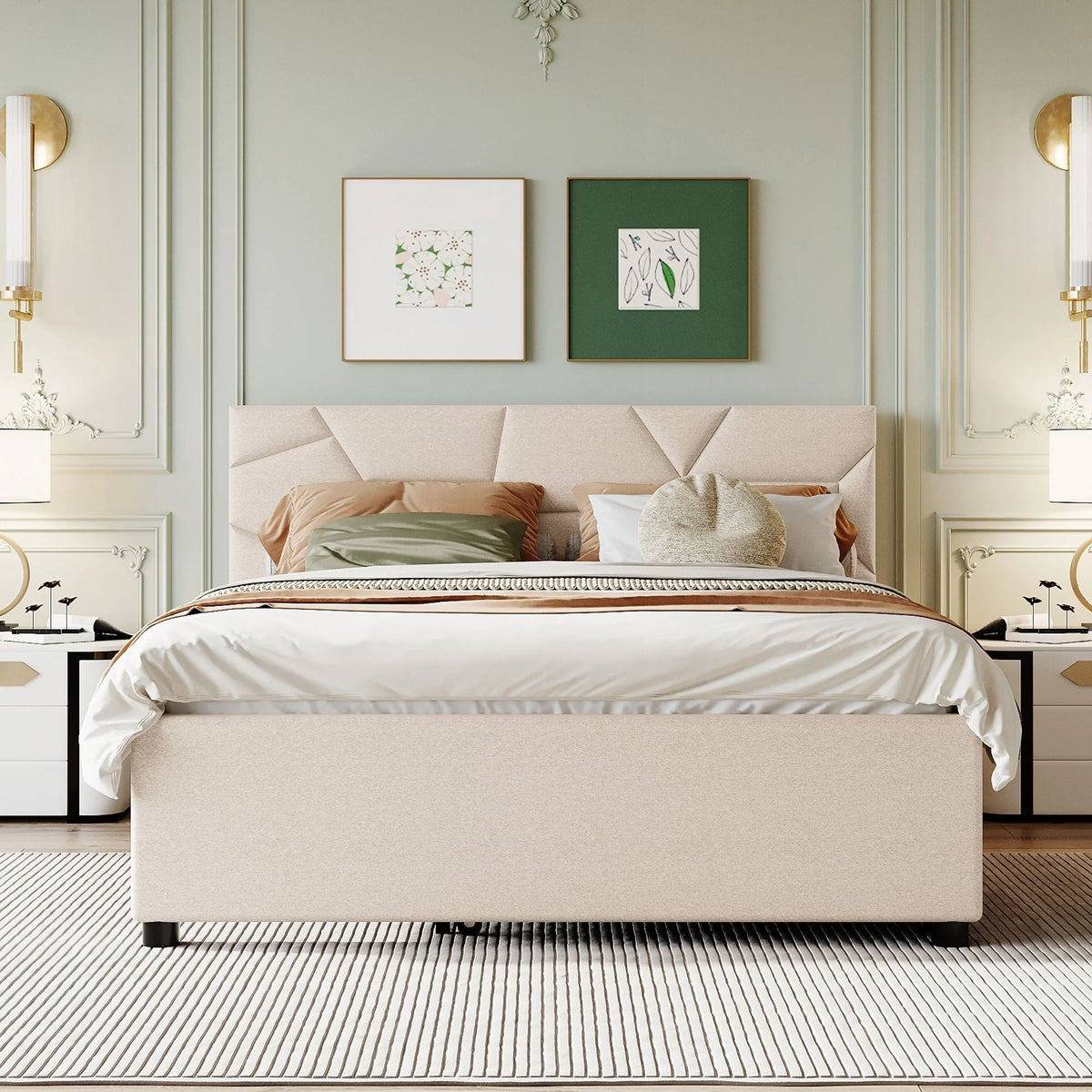 Beige Queen Size Upholstered Platform Bed with Twin Size Trundle H537